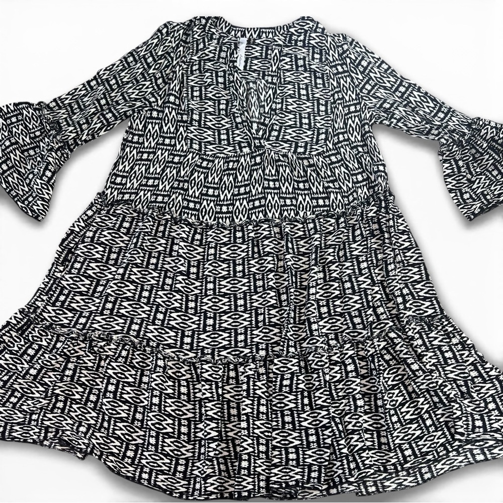 NY Collection Women’s Medium Black & White Tiered Boho Dress | Rayon
